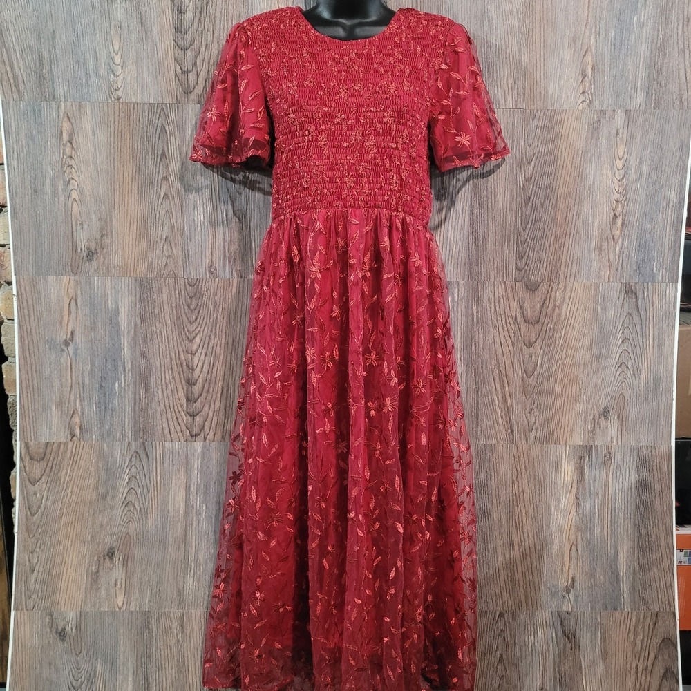 Baltic Born Kendra Embroidered Midi Dress S Wine Red Smocked Layered Flutter Slv